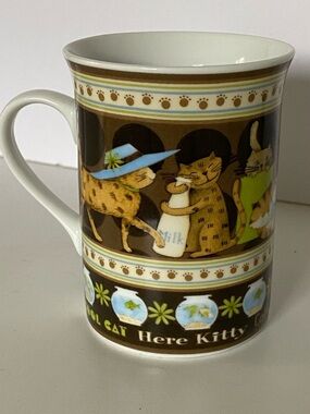 Debbie Mumm Cat Mug EUC Vintage Fish Bowl Goldfish Kitties Ceramic Brown